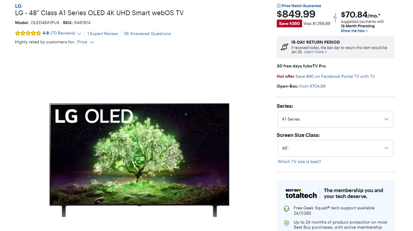 LG 48 inch Class A1 Series OLED 4K UHD Smart webOS TV Best Buy Deal
