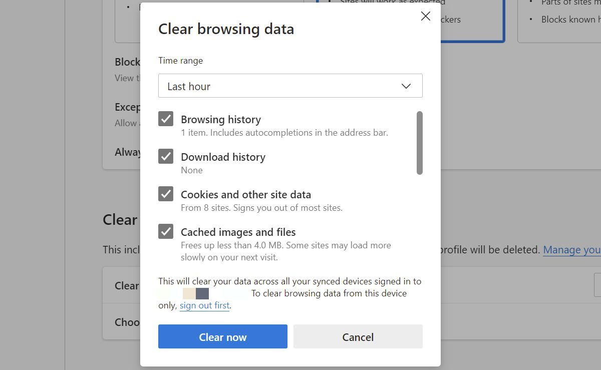 Clear browsing data options in the Microsoft Edge browser.