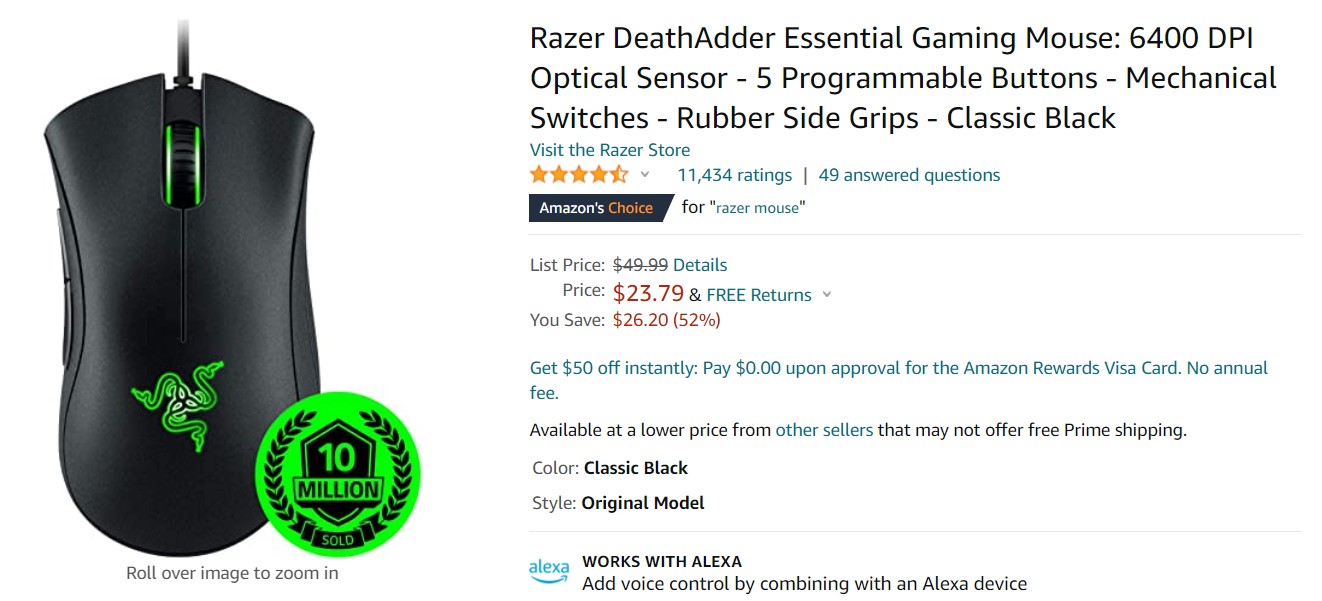 Razer DeathAdder Essential Gaming Mouse Amazon Deal