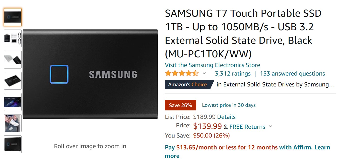 Samsung T7 Touch 1TB Portable SSD Amazon Deal
