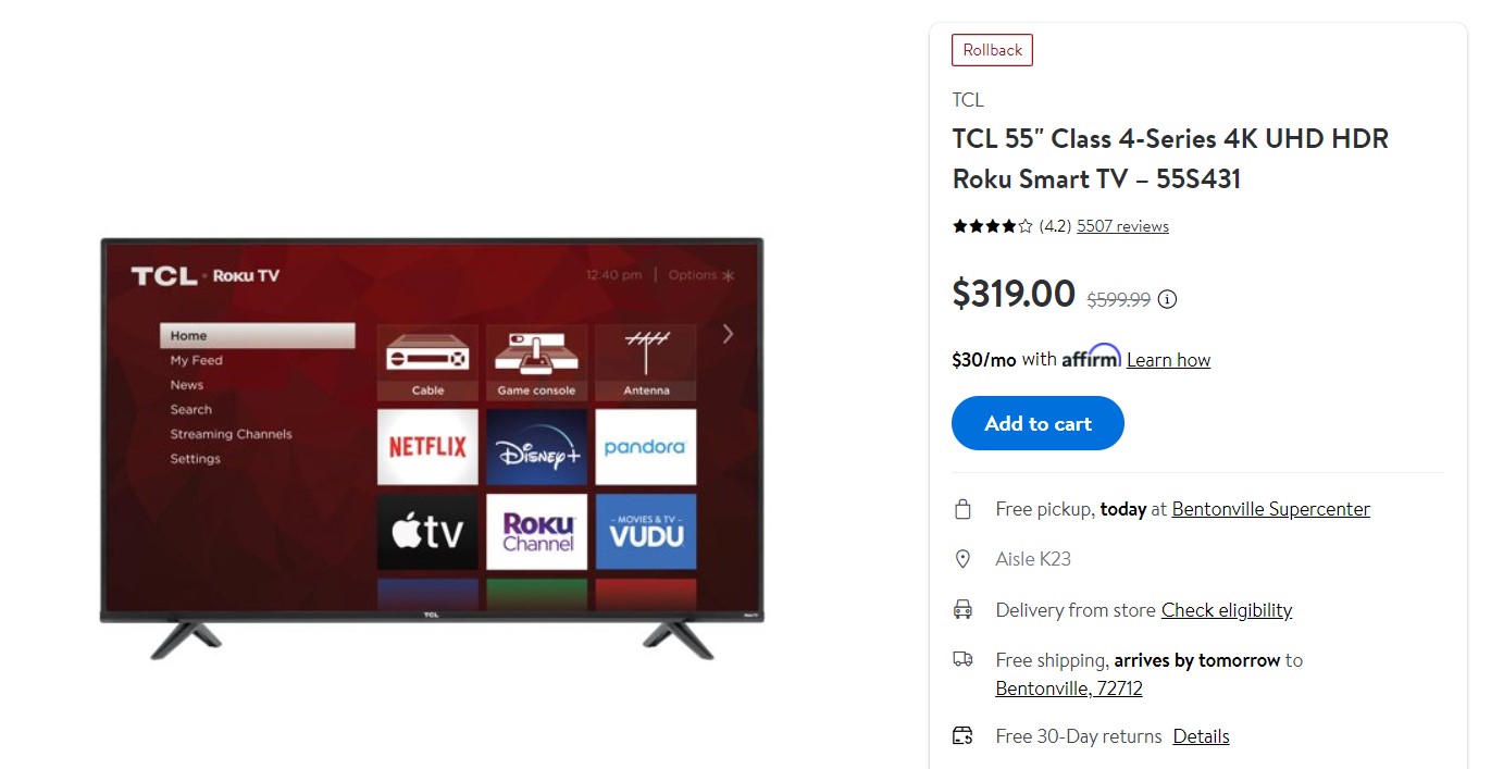 TCL 55 inch Class 4 Series 4K UHD HDR Roku Smart TV Walmart Deal
