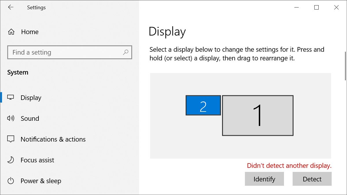 Les paramètres de Windows 10 n'ont pas détecté d'autre affichage.