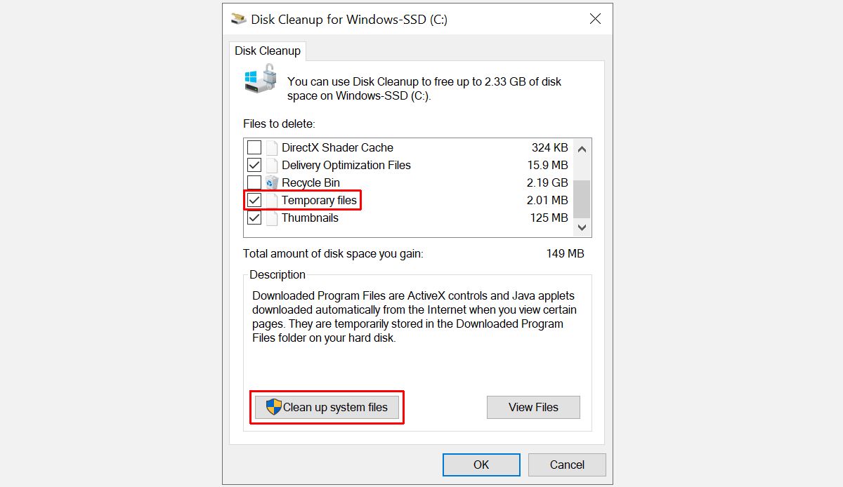 Windows Disk Cleanup menu with Temporary Files selected