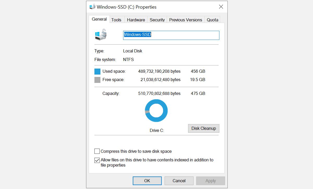 Windows 10 SSD Disk Properties window