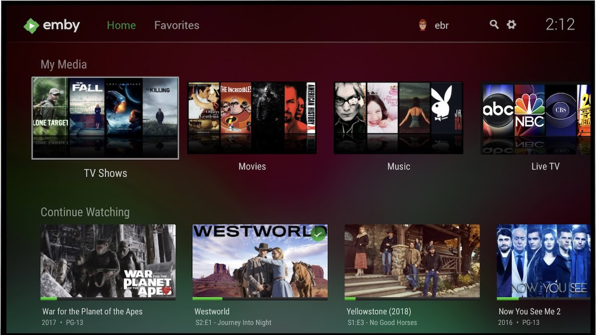 Emby vs Plex showing Emby home screen with TV shows, movies, music, and more