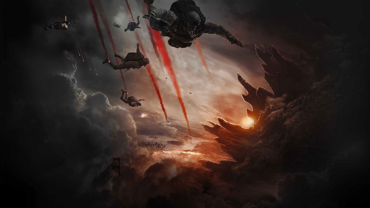 Still of paratroopers free falling in Godzilla 2014 — Monsterverse movies ranked
