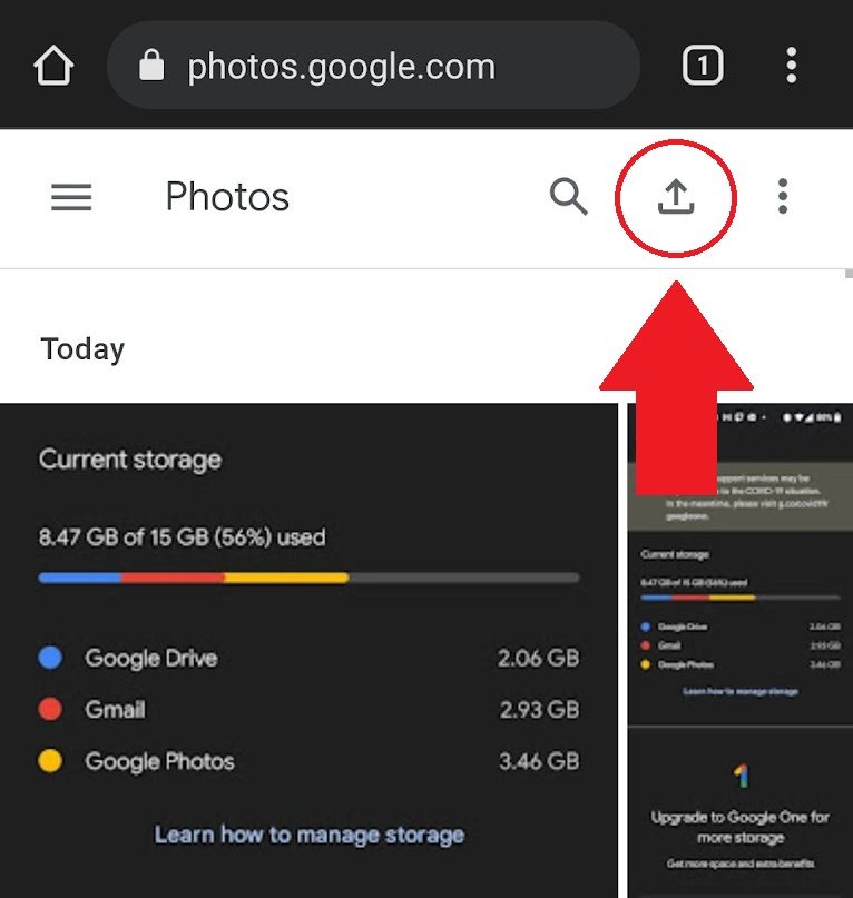 Capture d'écran d'importation manuelle Google Photos sur mobile