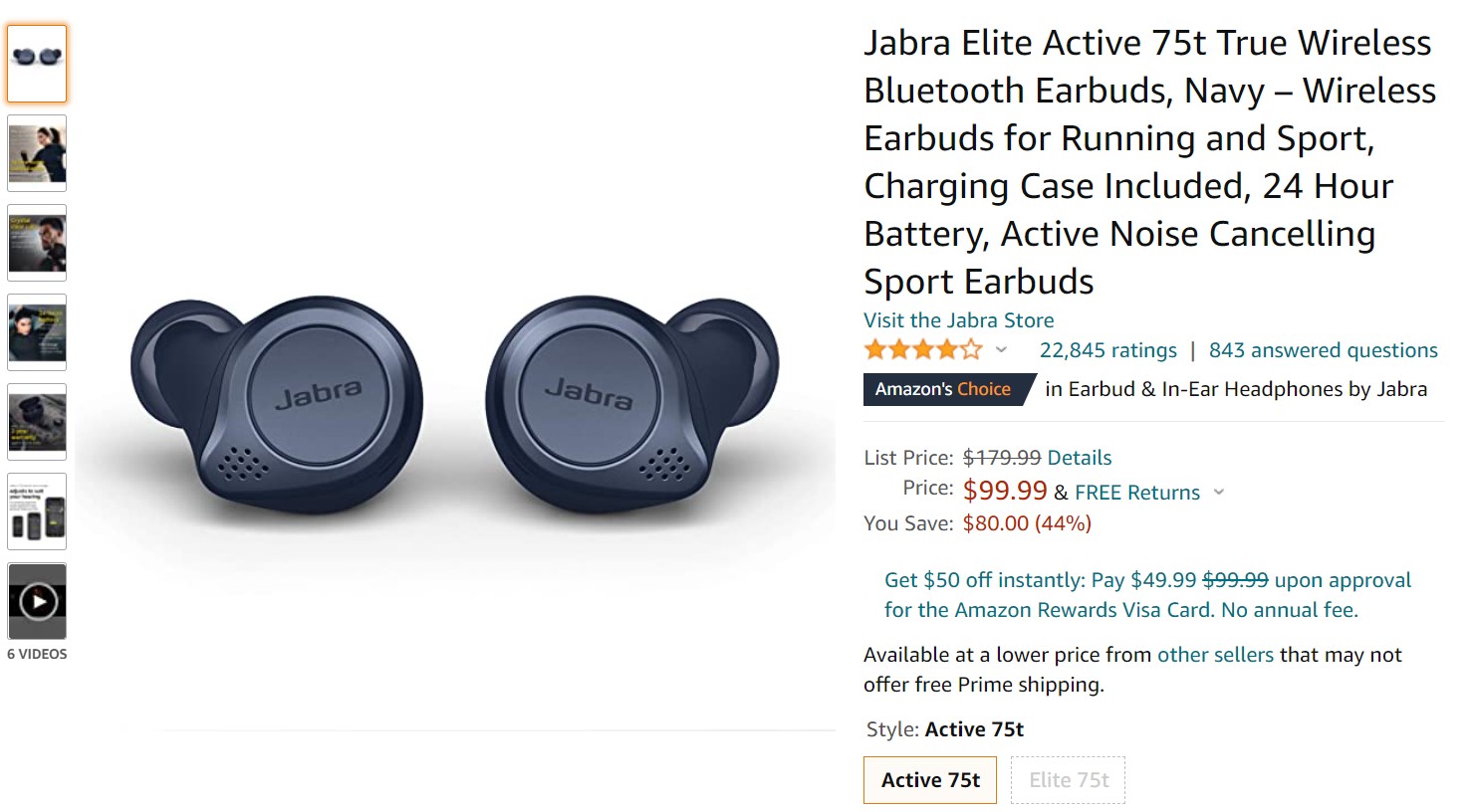 Jabra Elite Active 75t True Wireless Bluetooth Earbuds Amazon Deal