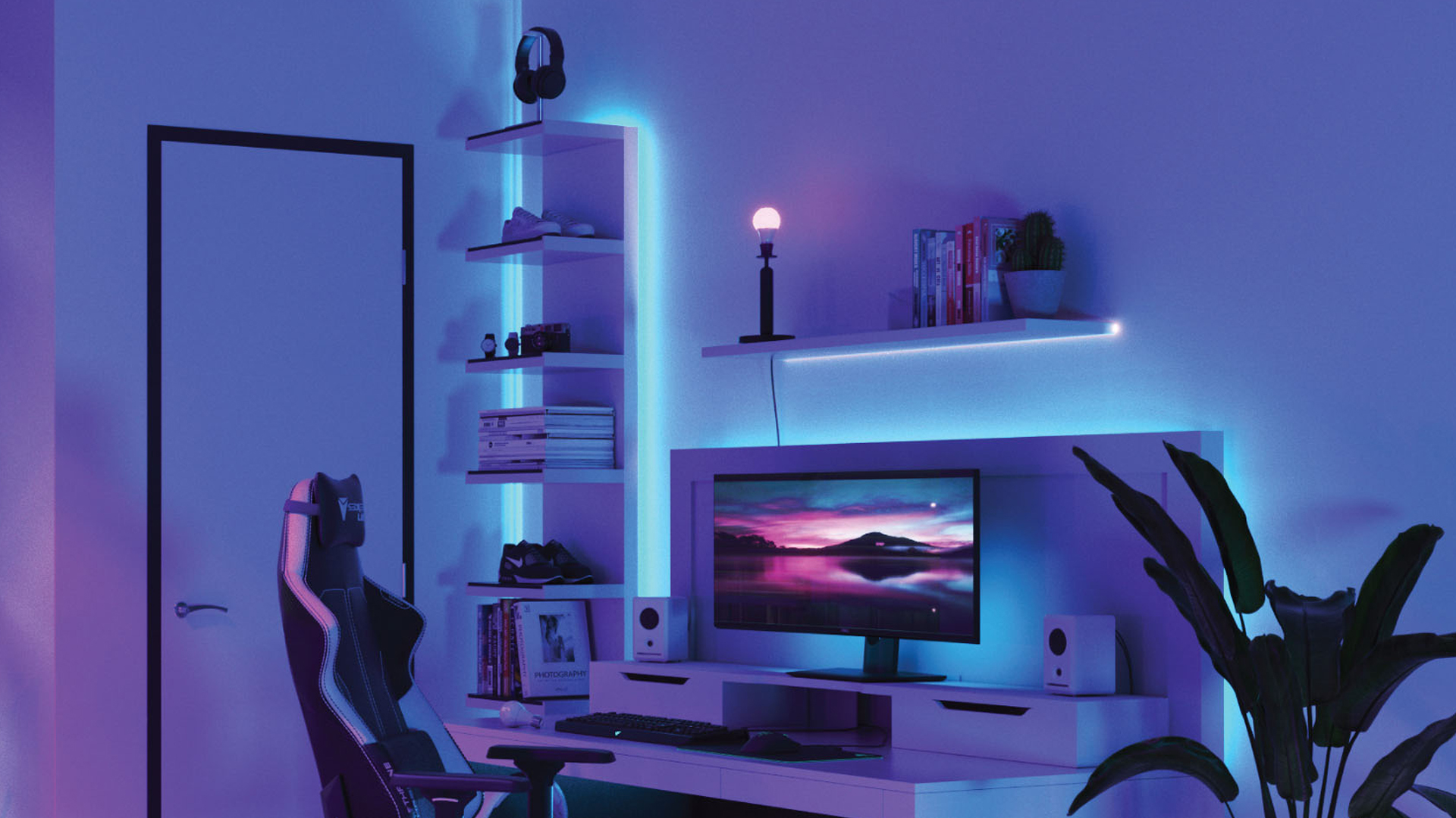 Ampoules et bandes lumineuses Nanoleaf Essentials dans un bureau à domicile