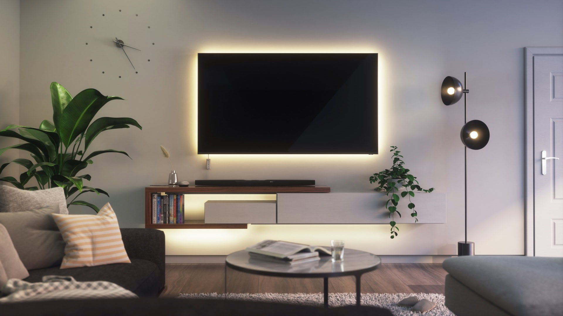 Nanoleaf Essentials Bulbs and Lightstrips in a living room