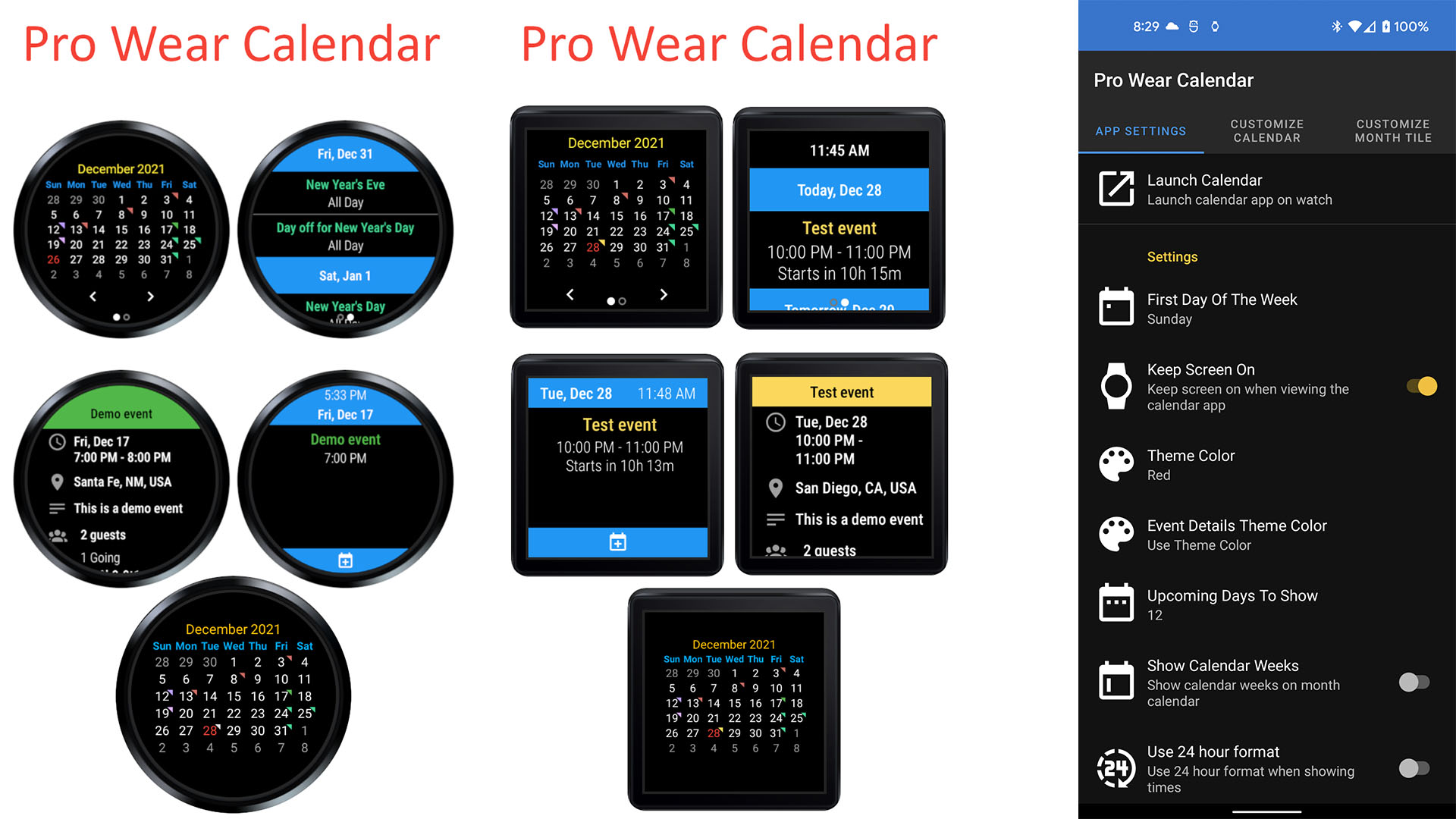 Captura de pantalla del calendario Pro Wear 2022