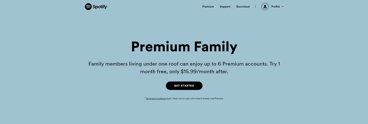 Bannière Spotify Premium Family sur la capture d'écran du site Web