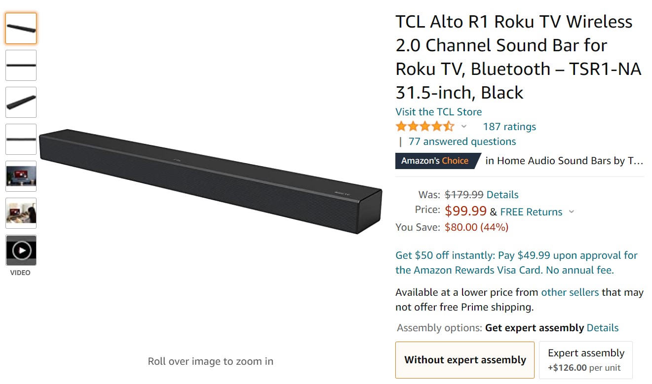 TCL Alto R1 Roku TV Wireless 2.0 Channel Sound Bar Amazon Deal