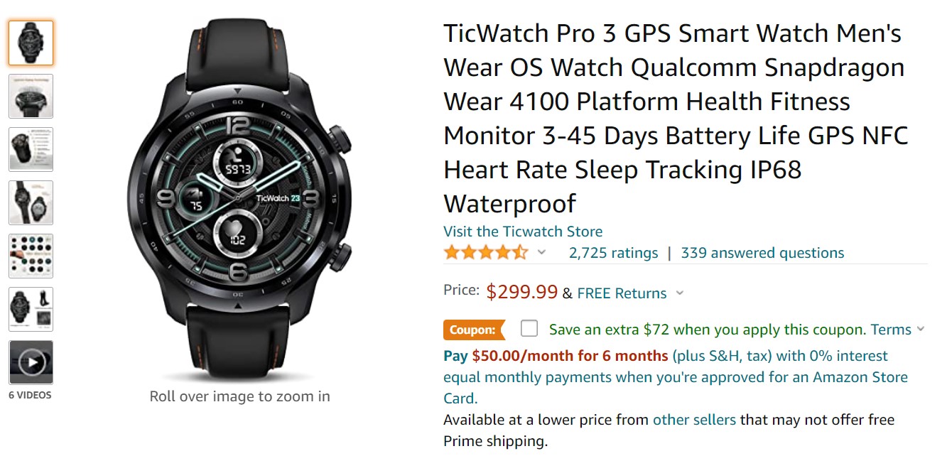 TicWatch Pro 3 GPS Smartwatch Amazon Deal