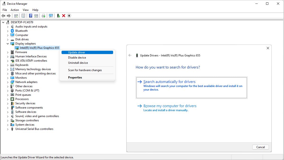 Updating the graphics driver via the Windows 11 Device Manager.