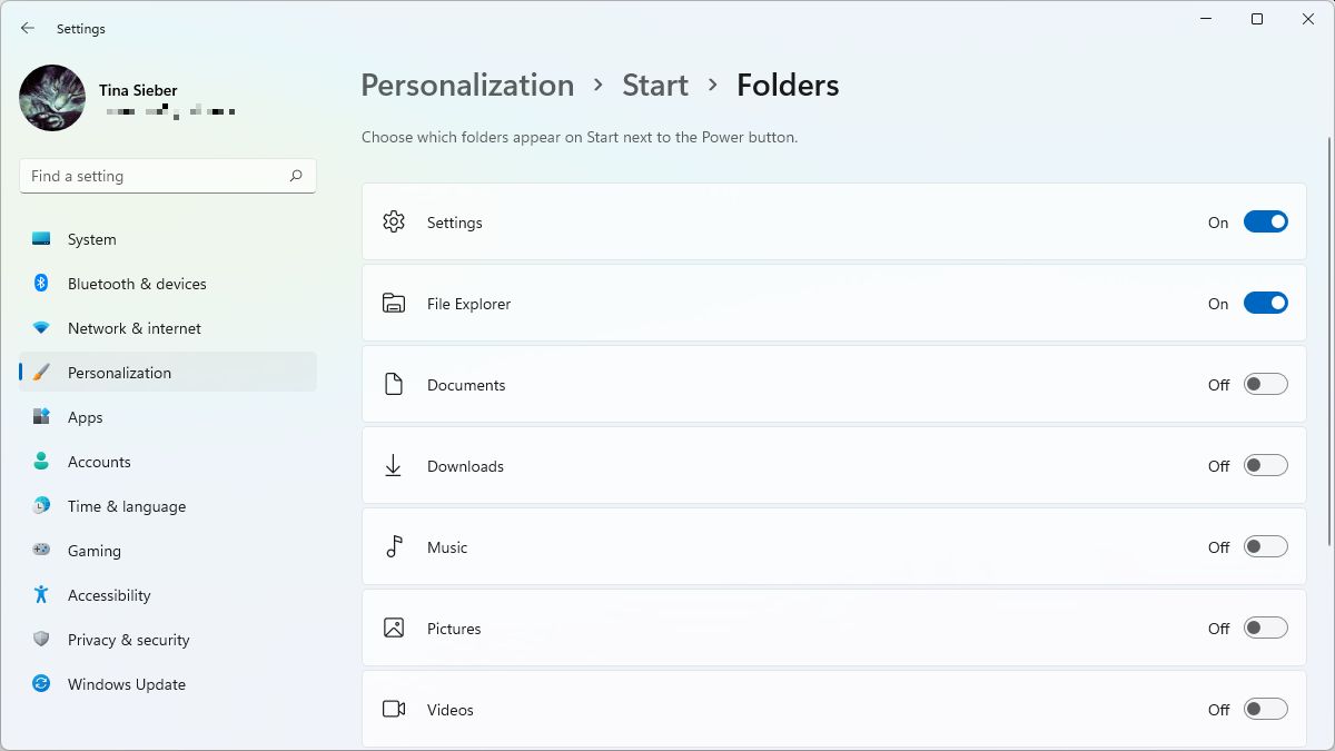 Adding folders to the Windows 11 Start menu via the Settings app.