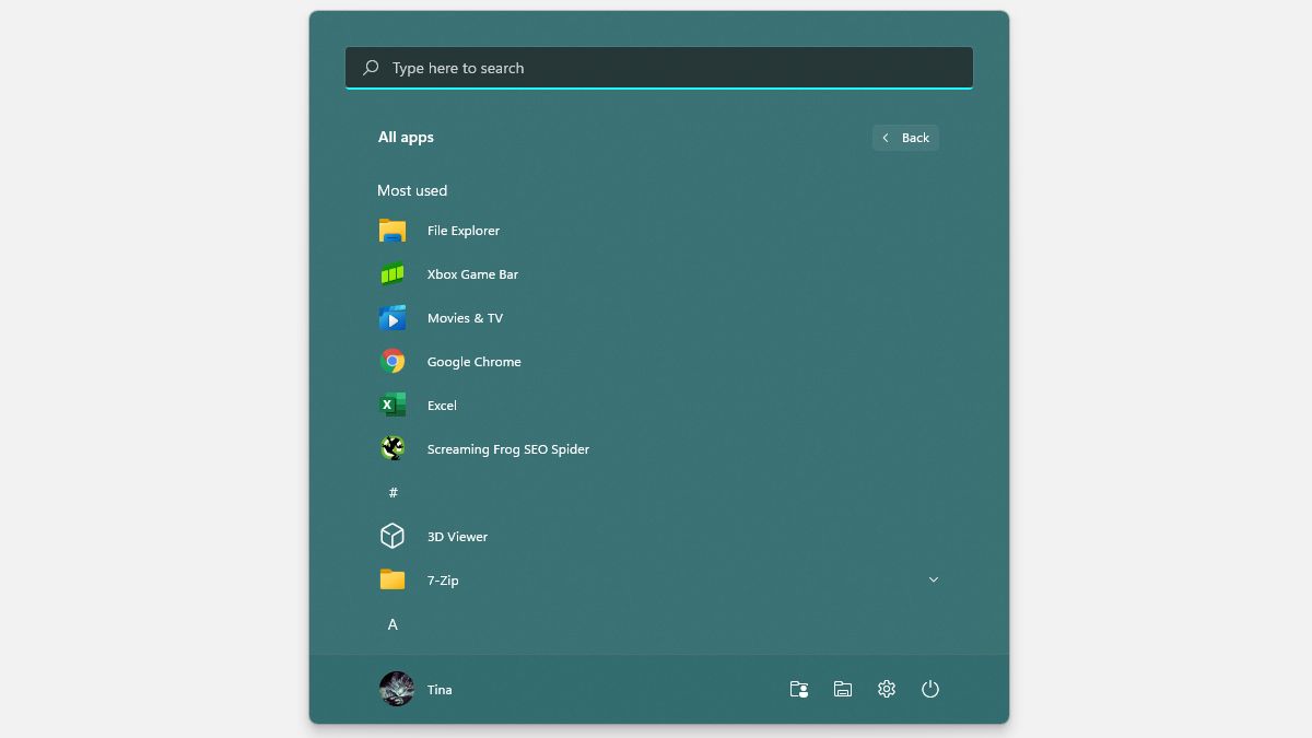 Windows 11 Start Menu All apps view with most used items at the top.