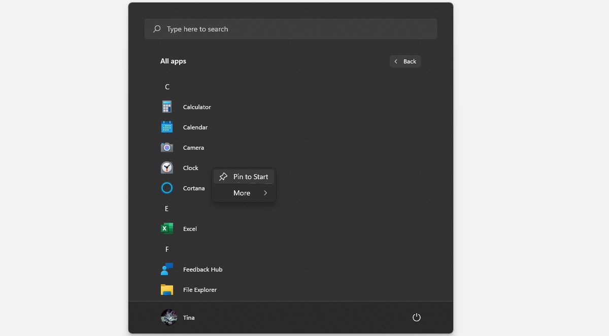 Pinning an app to the Windows 11 Start menu from the All apps view.
