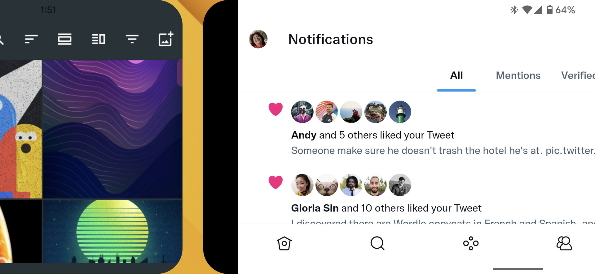 Gesture switching between two apps (Twitter and Memoria) on Android 12
