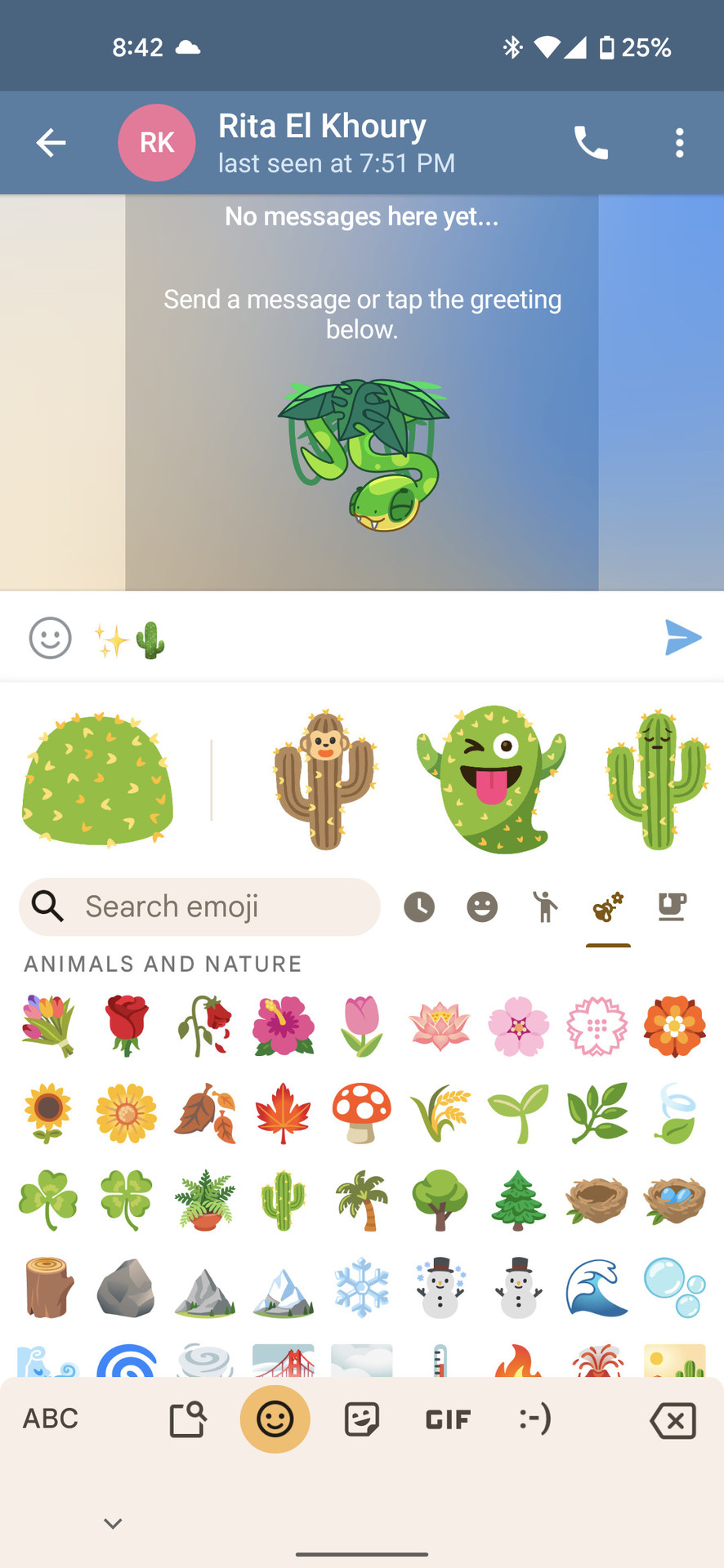 Combo Gboard avec cactus blob dans Emoji Kitchen, à l'intérieur de Telegram