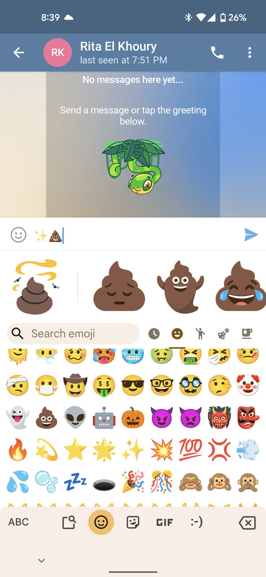 Combo Gboard avec caca blob dans Emoji Kitchen, à l'intérieur de Telegram