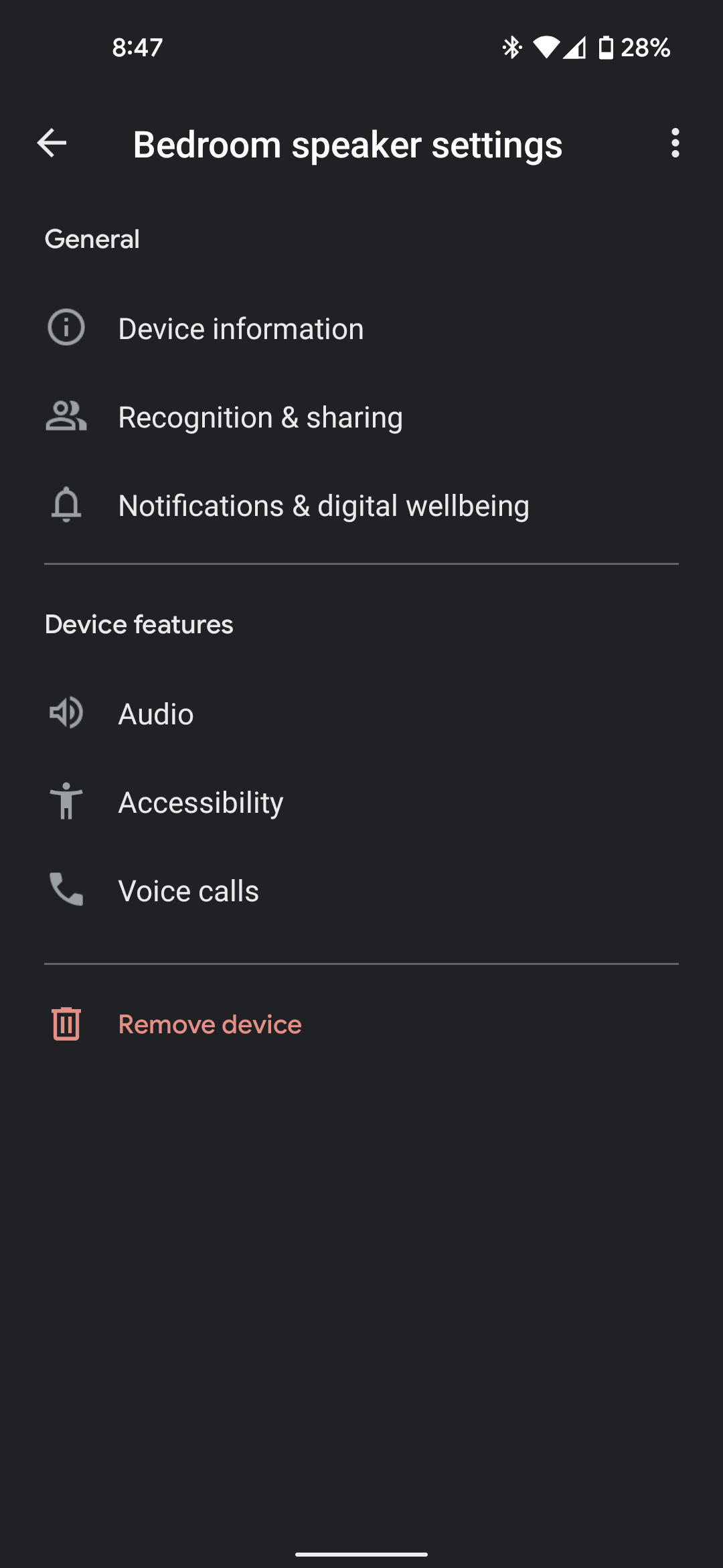 screenshot of google home mini speaker settings in google home app options