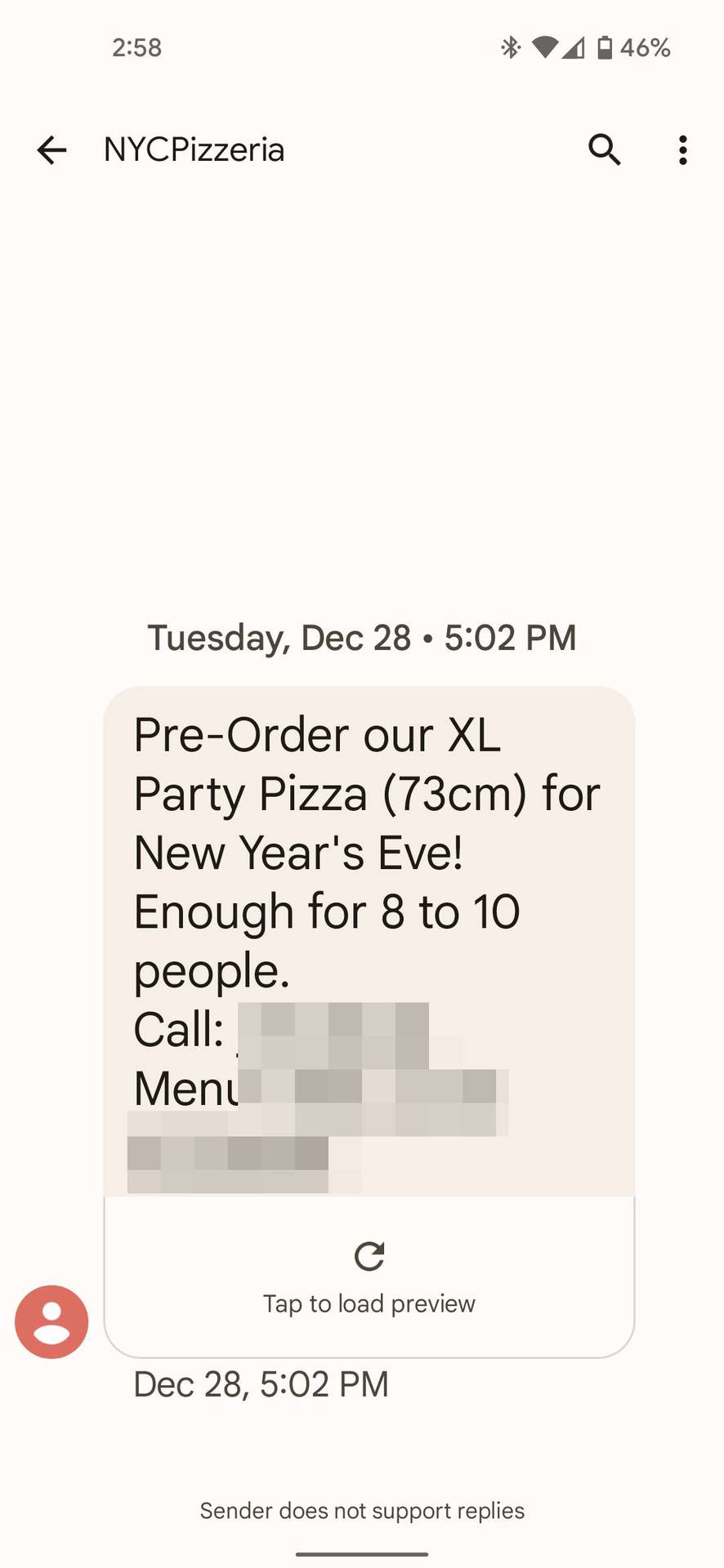 Google messages showing a chat from a pizzeria in large font.