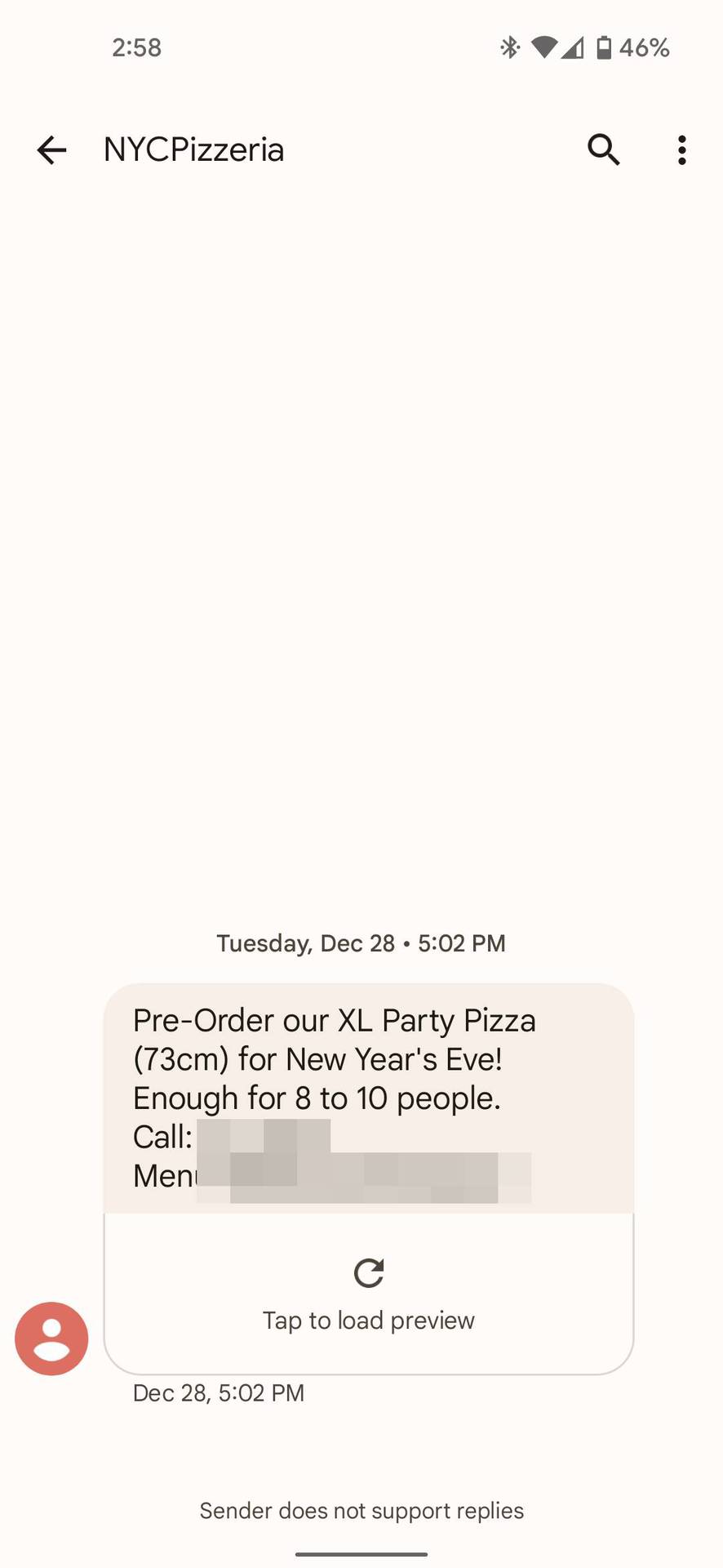 Google Messages showing a chat from a pizzeria in normal font.