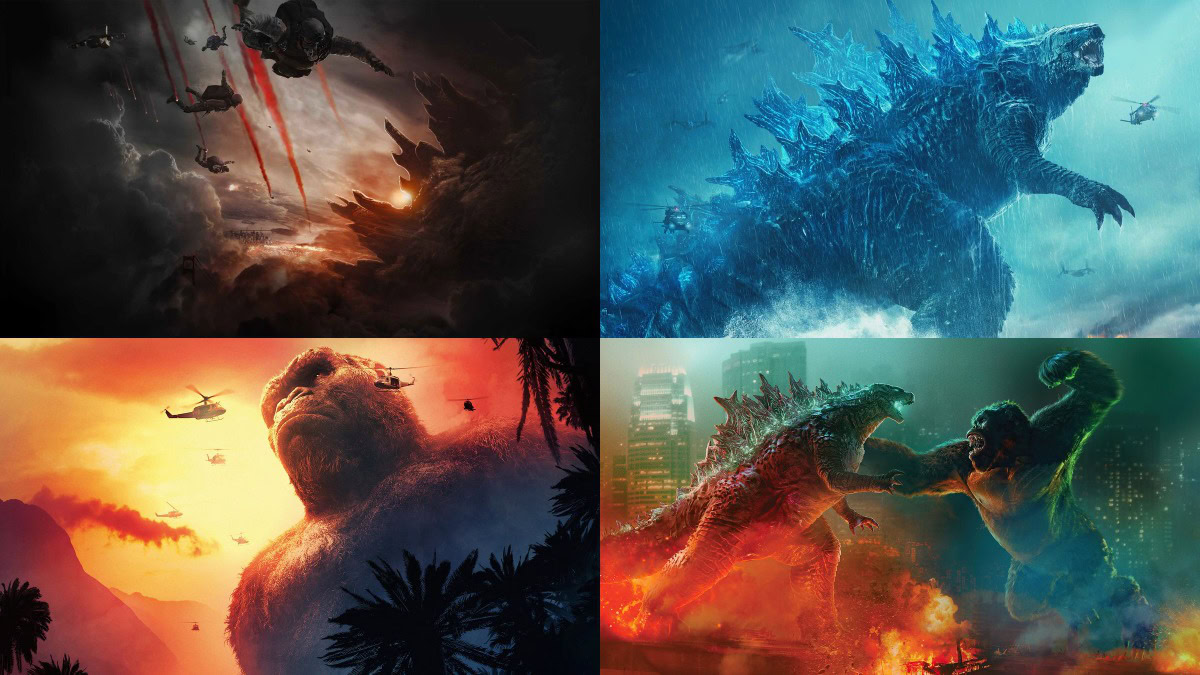 Collage d'affiches MonsterVerse : Godzilla, Kong : Skull Island, Godzilla : Roi des monstres, Godzilla contre Kong