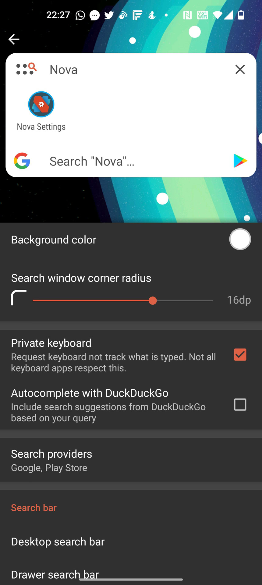 pull down search bar and search settings for nova launcher