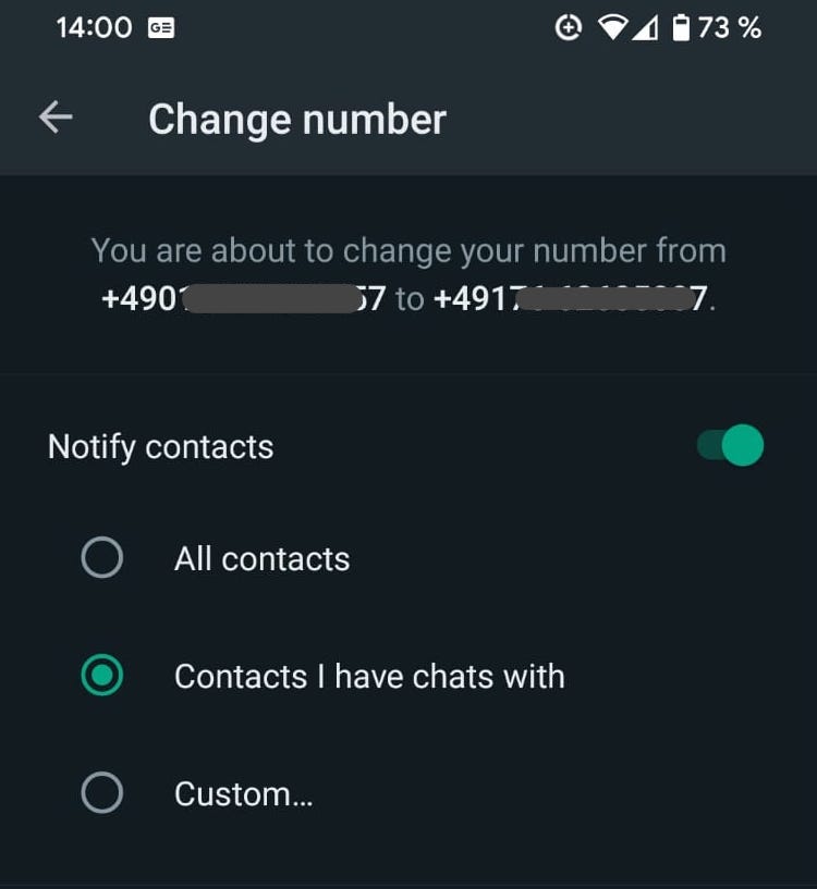 whatsapp android confirm change number